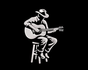 Cowboy Guitarist Machine Embroidery Design — Acoustic Player Silhouette PES DST