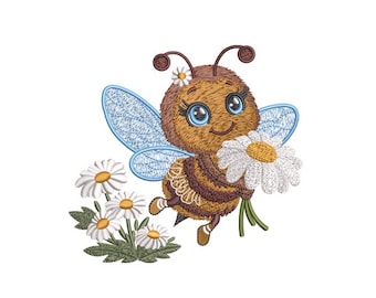 Kawaii Bumble Bee Embroidery Design With Daisies | Machine File DST PES | 5x7 Hoop | Kids Apparel Tote Bag