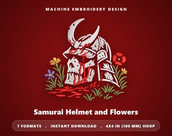 Borduurpatroon voor een samoeraihelm: Japanse bloemenkrijger (4x4 borduurring) (Direct te downloaden borduurpatroon voor borduurmachine)