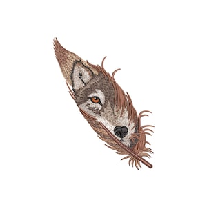May include: An intricate illustration of a wolf's face embedded within a brown feather. The wolf's eye is a vibrant orange, and its fur is a blend of brown and grey. The feather is highly detailed, providing a textured look against a white backdrop.