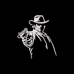 May include: White embroidered design of a cowboy aiming a revolver, wearing a hat and coat, against a black background. The image is a stylized illustration, with the cowboy's face and clothing detailed with white thread.