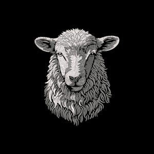 May include: A detailed grayscale illustration of a sheep's head against a black background. The sheep's face is rendered with intricate shading, highlighting its woolly texture and facial features. The artwork is a close-up, focusing on the animal's eyes and nose.