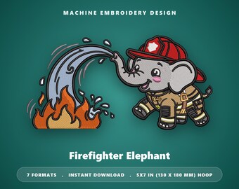 Borduurpatroon brandweerolifant, schattig brandweerolifantje borduurpatroon voor de borduurmachine, brandweerthema voor de kinderkamer, borduurring 5x7 inch.