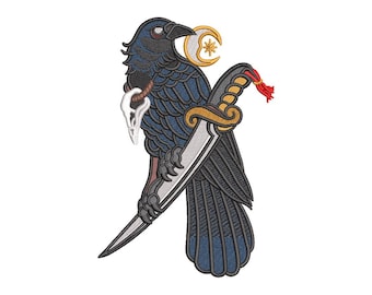 Raven & Dagger Embroidery Design – 5×7 Hoop – Gothic Crow Patch – Instant Download – dst, pes, jef, sew, hus, vp3, xxx