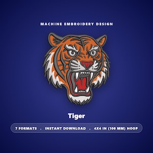 Peut inclure: Un motif de broderie machine représentant une tête de tigre en fils orange, noir et blanc, avec une gueule ouverte et des dents visibles. Le texte indique : MACHINE EMBROIDERY DESIGN, Tiger, 7 FORMATS, INSTANT DOWNLOAD, 4X4 IN (100 MM) HOOP.