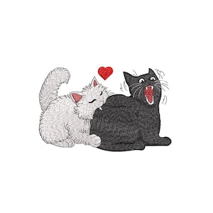 Pode incluir: Um desenho bordado com dois gatos e um coração vermelho. Um gato branco morde brincalhão o outro gato, que é preto e tem a boca aberta. O coração está acima dos gatos.
