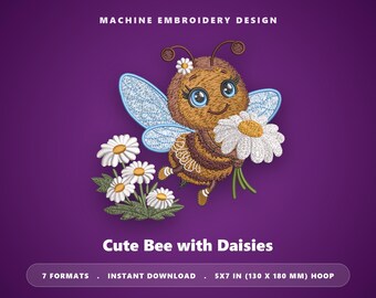 Kawaii Bumble Bee Embroidery Design With Daisies | Machine File DST PES | 5x7 Hoop | Kids Apparel Tote Bag