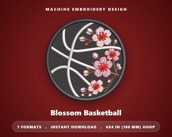 Basketbal met kersenbloesem borduurpatroon, sportbal met bloemenmotief (4x4 borduurring)