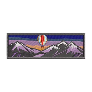 Hot Air Balloon Mountains Embroidery Design – 5×7 Hoop – Landscape Patch – Sunset Sky – Instant Download