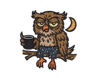 Grumpy Owl Coffee Machine Embroidery Design (4x4 Hoop), Funny Digital Pattern PES DST EXP