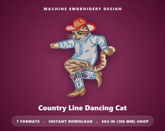 カントリーラインダンシングの猫の刺繍デザイン – カウボーイキティ 4x4 (すぐにダウンロード可能)