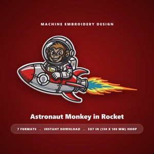 Desenho de bordado à máquina de macaco astronauta em foguete — Macaco Espacial PES DST