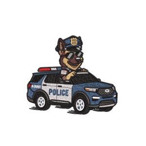 May include: Embroidered patch featuring a cartoon German Shepherd dog wearing a police hat and sunglasses, driving a blue and white police SUV. The SUV has the word "POLICE" and "K-9 UNIT" on it.