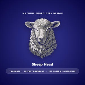 Pode incluir: Um design de bordado à máquina com uma cabeça de ovelha branca detalhada num fundo azul escuro. O texto diz: MACHINE EMBROIDERY DESIGN, Sheep Head, 7 FORMATS, INSTANT DOWNLOAD, 5X7 IN (130 X 180 MM) HOOP. A ovelha tem lã texturizada.