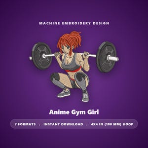 Broderidesign för anime-gymflicka med tyngdlyftning – 4x4-båge (nedladdning direkt)