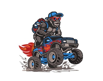 Gorilla Monster Truck Embroidery Design, Racing Ape Digital File (5x7 Hoop)