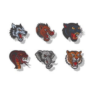 Wild Animal Embroidery Design Bundle, 6 Designs, Tiger Wolf Panther Elephant Cobra Pig Machine Embroidery Files, 4x4 Hoop, Instant Download