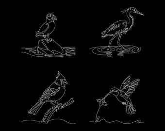 Bird Line Art-borduurontwerpen – reiger, papegaaiduiker, kardinaal, kolibrie (4 x 4 hoepel) (directe download)
