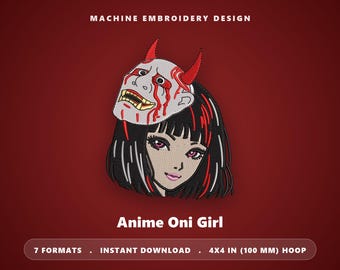 鬼娘アニメ刺繍デザイン、日本の鬼面（4x4フープ、DST PES JEFファイル）