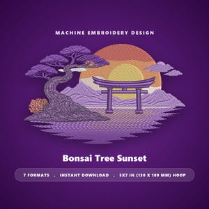 Zen Torii Gate Embroidery Design, Japanese Sunrise Scene (5x7 Hoop, Digital Download)