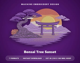 禅の鳥居刺繍デザイン、日本の日の出風景（5x7インチ枠、デジタルダウンロード）