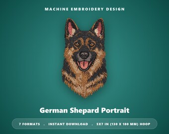Borduurpatroon voor een portret van een Duitse Herder | Realistische hondenkop | Borduurpatroon voor borduurmachine (5x7 inch)