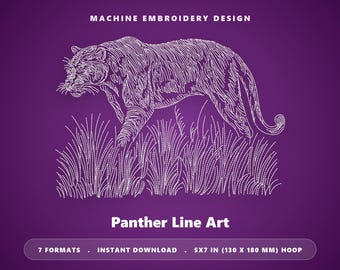 Panter lijntekening borduurpatroon – één kleur, 5x7 borduurring (direct te downloaden)