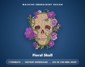 Borduurpatroon met bloemen en doodskop, borduurpatroon met paarse bloemen en doodskop voor de borduurmachine, gotische bloemen en doodskop voor borduurring van 4x4 inch, Halloween doodskop borduurpatroon