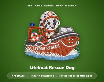 Borduurpatroon van een reddingshond in een reddingsboot, nautisch dalmatiërpuppy machineborduurwerk, reddingsbootpatroon 5x7, direct te downloaden