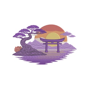 Peut inclure: Motif brodé représentant un bonsaï violet, une porte torii japonaise et un coucher de soleil. Le motif comprend des montagnes, des nuages et un reflet aquatique, le tout dans des tons de violet, d'orange et de jaune. L'image est sur fond blanc.