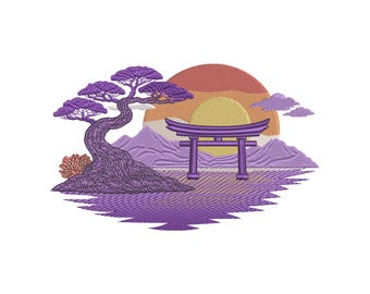 Zen Torii Gate Embroidery Design, Japanese Sunrise Scene (5x7 Hoop, Digital Download)