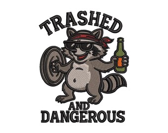 Trashed Raccoon Embroidery Design – Funny Party Patch (Digital Download)