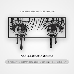 Desenho de Bordado de Olhos Tristes de Anime | Arte Linear Minimalista (Download Digital)