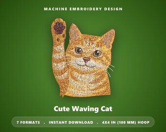 Borduurpatroon van een katje in zakformaat – Zwaaiend kitten, borduurring 4x4 inch (digitale download)