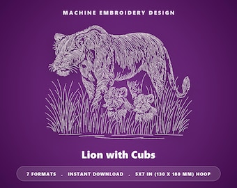Motif de broderie Lion et ses petits – Dessin au trait monochrome (cadre 5x7) (Téléchargement instantané)
