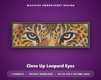 ヒョウの目の刺繍デザイン – クローズアップのネコ科動物、5x7フープ（デジタルダウンロード）
