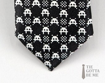 Black Tie Geek Classic Space Invaders Black and White Polyester Narrow Necktie