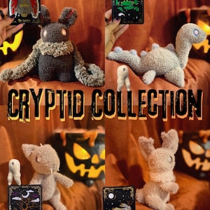 May include: A collection of plush toys including a dark gray moth-like creature, a light gray long-necked dinosaur, a small light gray bipedal figure, and a light brown rabbit-like creature, accompanied by four illustrated cards labeled Cryptid Collection.