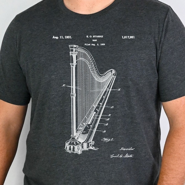 T-shirt vintage de harpe pour musiciens, t-shirt diagramme de harpiste, haut de conception d'instruments de musique, idée cadeau pour mélomane