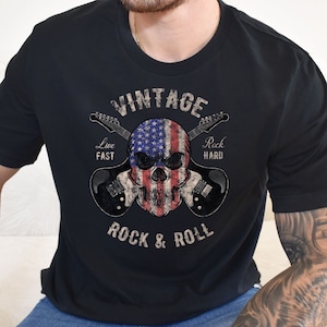 Vintage Rock & Roll T-Shirt: Skull Guitar Graphic with American Flag