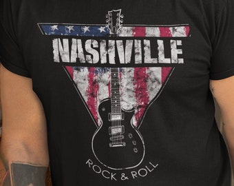 Camiseta de guitarra de Nashville: camiseta vintage de rock and roll con bandera estadounidense