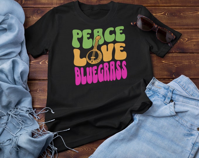 Vintage Bluegrass Tshirt, Bajo Player Gift, Peace Love, and Bluegrass, Folk Music Lover