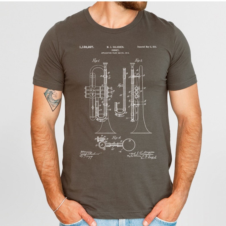 Trumpet Patent Graphic T-shirt, Brass Instrument Blueprint Tee ...