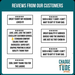 May include: A teal graphic with customer reviews in black boxes. The reviews include phrases like "Great T-shirt!" and "Excellent customer service." The Change Your Tune Apparel logo is in the bottom right corner.