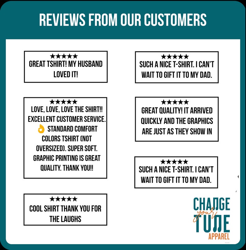 May include: A teal graphic with customer reviews in black boxes. The reviews include phrases like "Great T-shirt!" and "Excellent customer service." The Change Your Tune Apparel logo is in the bottom right corner.