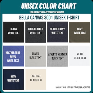 May include: A color chart for Bella Canvas 3001 unisex t-shirts. The chart displays various fabric colors, including black, dark heather, heather navy, army, heather true royal, silver, athletic heather, white, navy, and natural. Each color swatch includes text indicating the text color.