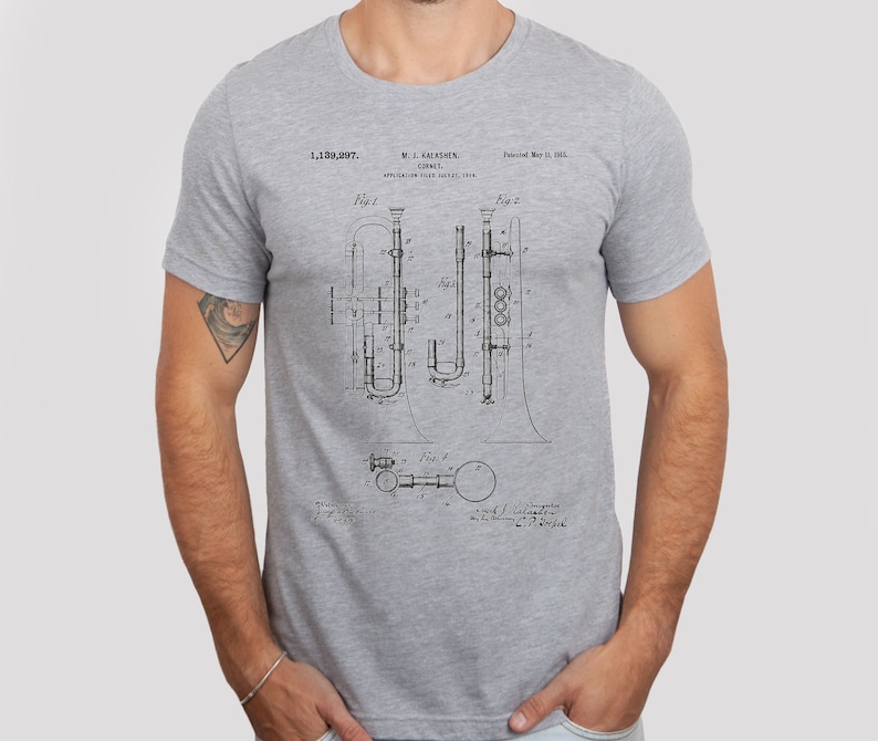 Trumpet Patent Graphic T-shirt, Brass Instrument Blueprint Tee ...