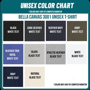 Op de afbeelding: Kleurenkaart voor Bella Canvas 3001 unisex t-shirts. De kaart toont 12 verschillende kleuren met witte of zwarte tekst. De kleuren omvatten zwart, donker grijs melange, heather navy, army, heather true royal, zilver, athletic heather, wit, navy en naturel.