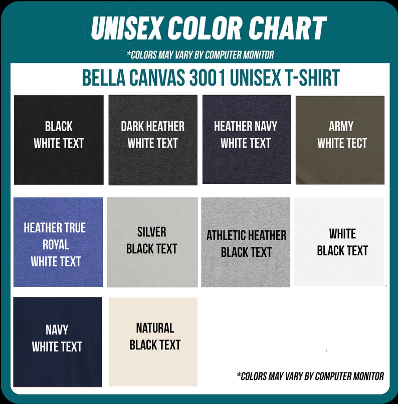 Op de afbeelding: Kleurenkaart voor Bella Canvas 3001 unisex t-shirts. De kaart toont 12 verschillende kleuren met witte of zwarte tekst. De kleuren omvatten zwart, donker grijs melange, heather navy, army, heather true royal, zilver, athletic heather, wit, navy en naturel.