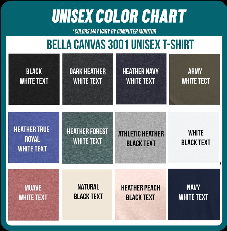 Pu&ograve; includere: Tabella colori per t-shirt unisex Bella Canvas 3001. La tabella mostra 12 colori diversi con le corrispondenti opzioni di colore del testo: nero, grigio melange scuro, blu navy melange, verde militare, blu reale melange, verde bosco melange, grigio melange atletico, bianco, malva, naturale, pesca melange e blu navy.